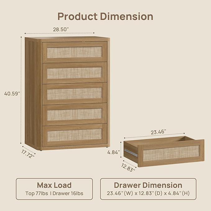 SICOTAS Tall Dresser for Bedroom - Rattan 5 Drawer Dressers Chest of Drawers with Push-to-Open Design, Modern Extra Deep Clothes Dresser with Large Storage for Closet, Living Room, Amber Oak