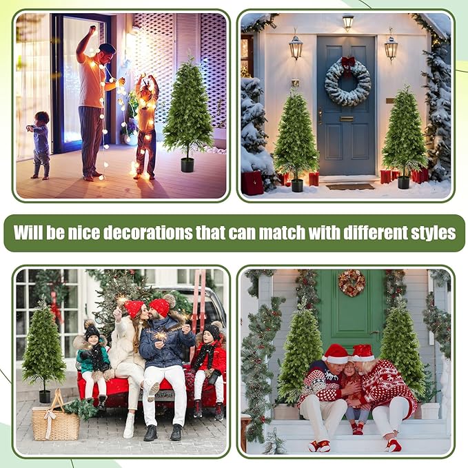 Giegxin 2 Pack 4ft Artificial Cedar Topiary Trees with Planter Outdoor Christmas Tree Decorations Faux Cypress Plants UV Resistant Potted Bushes Faux Shrubs for Outdoor Indoor Front Door Porch Garden