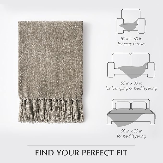 EVERGRACE Soft Chenille Bed Blanket Queen Size for Bed, Cozy Plush Fuzzy Lightweight Decorative Chenille Knit Throw Blanket with Tassels for Couch Sofa Gift Home Decor, Taupe 90"x90"
