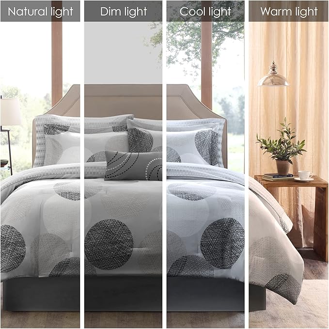 Madison Park Essentials Bed in a Bag Comforter, Vibrant Color Design All Season Down Alternative Cover with Complete Cotton Sheet Set, Cal King(104"x92"), Knowles, Circular Grey, 9 Piece