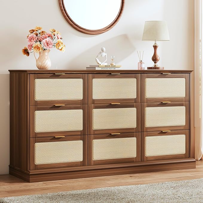 9 Drawer Dresser for Bedroom, 60 Inch Long Dressers & Rattan Chest of Drawers, Boho Style, Large TV Stand for 55, 65, 70 Inch TV, for Bedroom, Living Room, Entryway, Hallway, Walnut