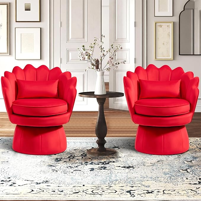 Swivel Accent Chairs Set of 2, 360° Mid-Century Modern Velvet Barrel Chair, Comfy Shell Shape Arm Chair with Lumbar Pillow for Living Room, Bedroom, Office, Rose Red (Red, Set of 2 Swivel chair)