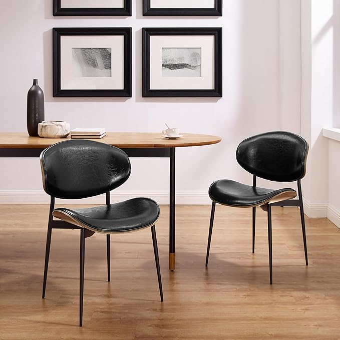 Art Leon Dining Chairs Set of 4, Walnut Bentwood, Mid Century Modern Chair, Black Faux Leather Kitchen Dining Room Chairs with Metal Legs, Accent Chairs for Bedroom