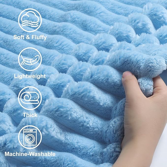 decorUhome Christmas Soft Fleece Blue Blanket Queen Size for Bed, Cozy Fluffy Plush Flannel Large Striped Throws for Couch Sofa, Lightweight Decorative Fuzzy Blanket for Woman, 90x90 Inches