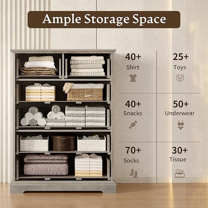 Farmhouse 6 Drawers Dresser for Bedroom, 43" Tall Wood Chest of Drawers with Deep Drawers & Bar Handles, Modern Dresser TV Stand, Rustic Wooden Closet Storage Organizer for Living Room, Hallway, Grey