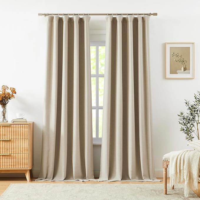 Vision Home Sand Linen Full Blackout Curtains 95 inch Long for Bedroom Living Room Darkening Light Blocking Window Panels Thermal Insulated Rod Pocket Back Tab Neutral Drapes 56" Wx95 Lx2