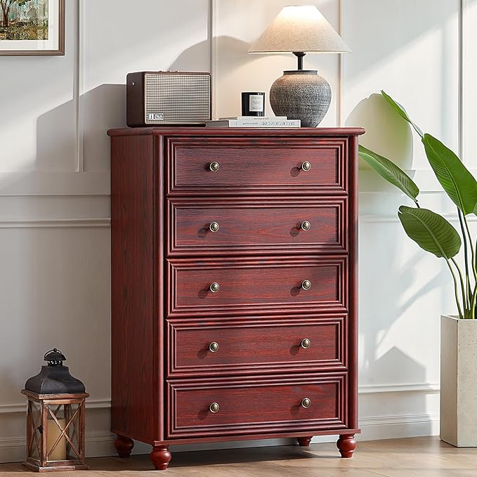 Farmhouse 5 Drawers Dresser for Bedroom, Wood 45" Tall Dressers Chest of Drawers, Kids Dresser Rustic Storage Dressers Organizer with Metal Handle Closet for Living Room, Hallway, Red Oak