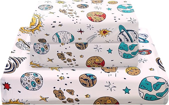 JSD Universe Planets Kids Sheet Set Twin Size, 3 Piece Space Theme Microfiber Sheets Deep Pocket
