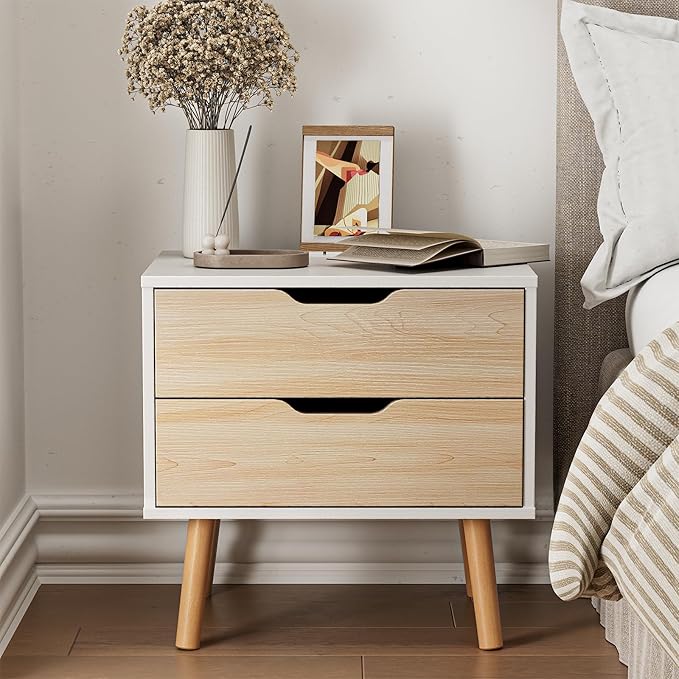 White Nightstand with 2 Drawer Dresser for Bedroom,Small White Oak Dresser with Drawers,End Table, Side Table for Bedroom,Living Room, Closet