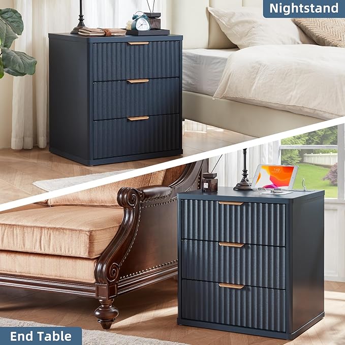 LEYAOYAO Fluted Dresser and 3 Drawers Nightstand Set of 2, Wood 48" Wide Dresser & 23" Night Stand with Charging Station, 3 Piece Bedroom Furniture Set, Chest of Drawers for Home,Living Room,Nave Blue