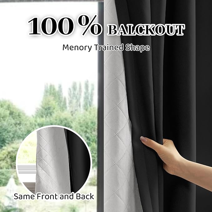 100% Blackout Thermal Insulated Curtains, 3 Layers Noise Absorbing, Soundproof Back Tab Drapes for Sliding Glass Door Baby Nursery Bedroom with Hooks, Black 50x84 Inch Set of 1