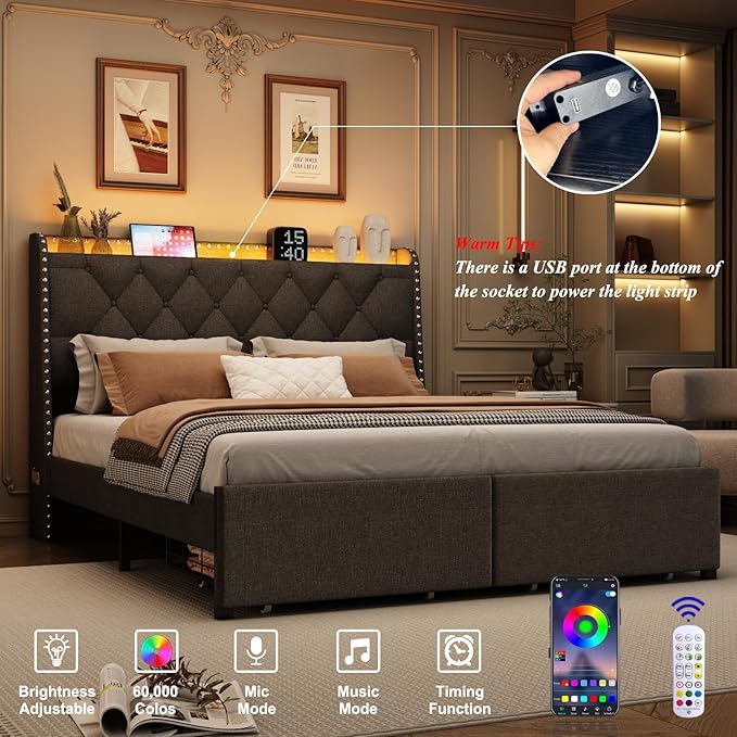 Queen Size Bed Frame with Storage Headboard and 2 Drawers, Upholstered Button Linen Platform Bed frame with Led Lights and Charging Station, No Box Spring Needed, Easy Assembly, Noise Free, Gray
