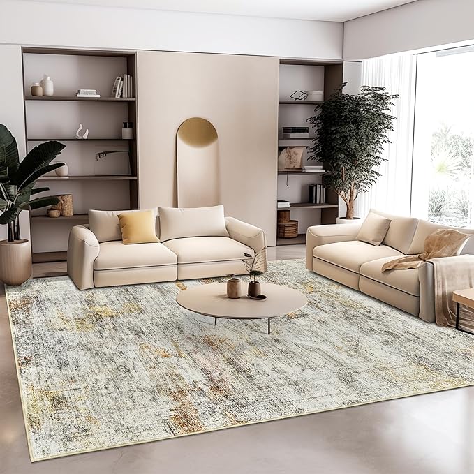 9x12 Area Rugs for Living Room, Non Slip Machine Washable Vintage Rugs, Low Pile Lightweight Large Rug for Bedroom, Dining Room, Home Office Gray Rust