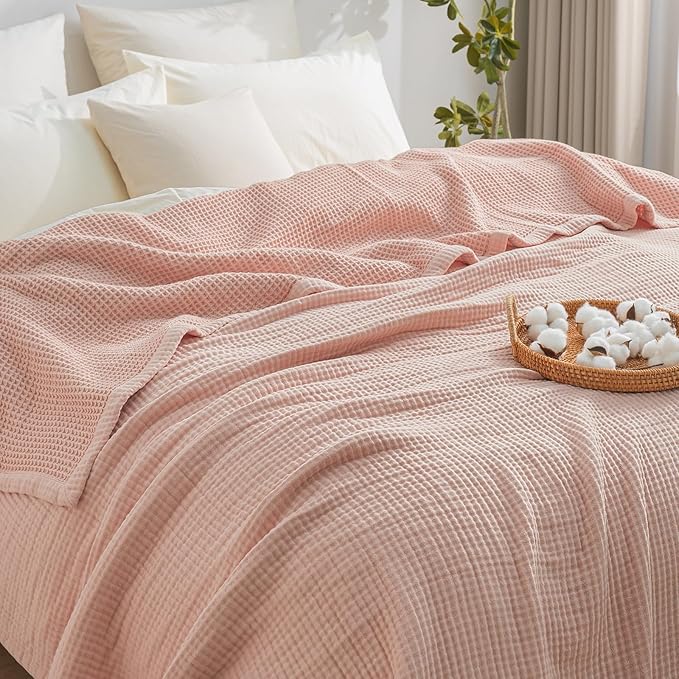 PHF 100% Cotton Waffle & Muslin Blanket King Size, Soft Breathable Luxury 400GSM Versatile Reversible Bedding for Bed, Great for Layering in Cold Weather, Home Decor Gift, 104" x 90", Rose Smoke