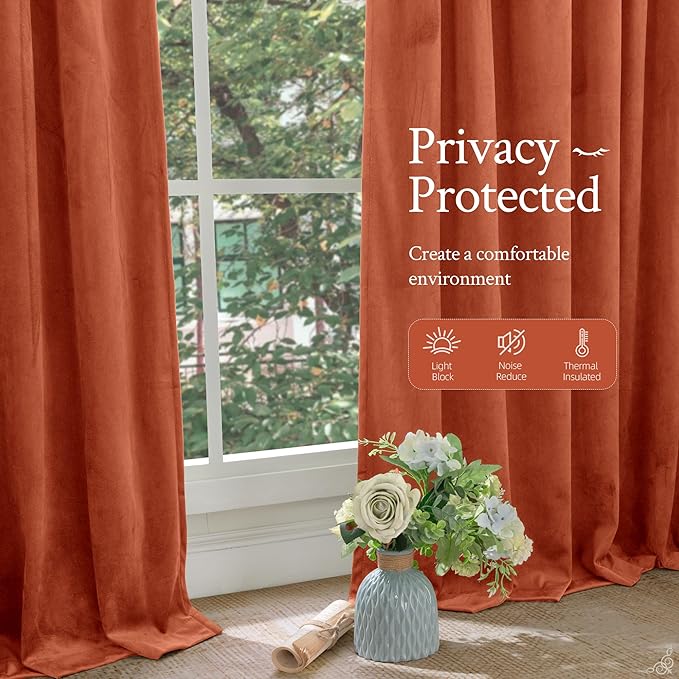 LAMIT Velvet Curtains 102 Inch for Living Room, Terracotta Thermal Room Darkening Panels Rustic Vintage Back Tab and Rod Pocket Drapes for Bedroom/Farmhouse/Dining Room, 2 Panels, 52 x 102 Inch
