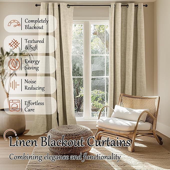 60 Inch Wide Linen Blackout Curtains for Living Room/Bedroom 84 Inch Length 2 Panels, Total Black Out Thermal Insulated Soundproof Grommet Boho Window Drapes White Liner for Modern Farmhouse, Burlap