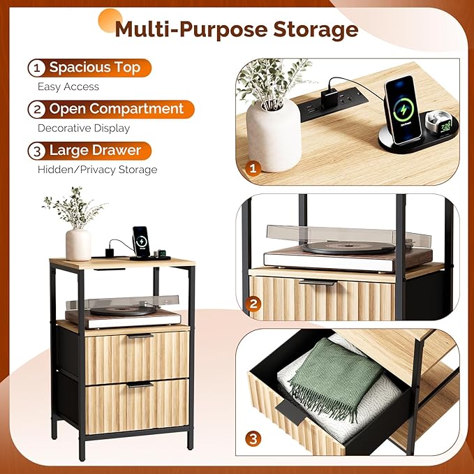 VINGLI Night Stand with Charging Station, Fluted Nightstand Oak with Drawers Fabric, Bed Side Table/End Table for Bedroom, 14.96" W*11.81" D*23.78" H