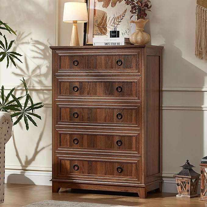Farmhouse 5 Drawer Dresser for Bedroom Set of 2, 42.5" Tall Small Dressers & Chest of Drawers, Rustic Wood Dresser with Metal Handle, Storage Organizer Closet for Living Room, Hallway,Entryway