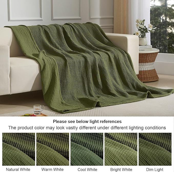 PHF 100% Cotton Waffle & Muslin Blanket King Size, Soft Breathable Luxury 400GSM Versatile Reversible Bedding for Bed, Great for Layering in Cold Weather, Home Decor Gift, 104" x 90", Olive Green