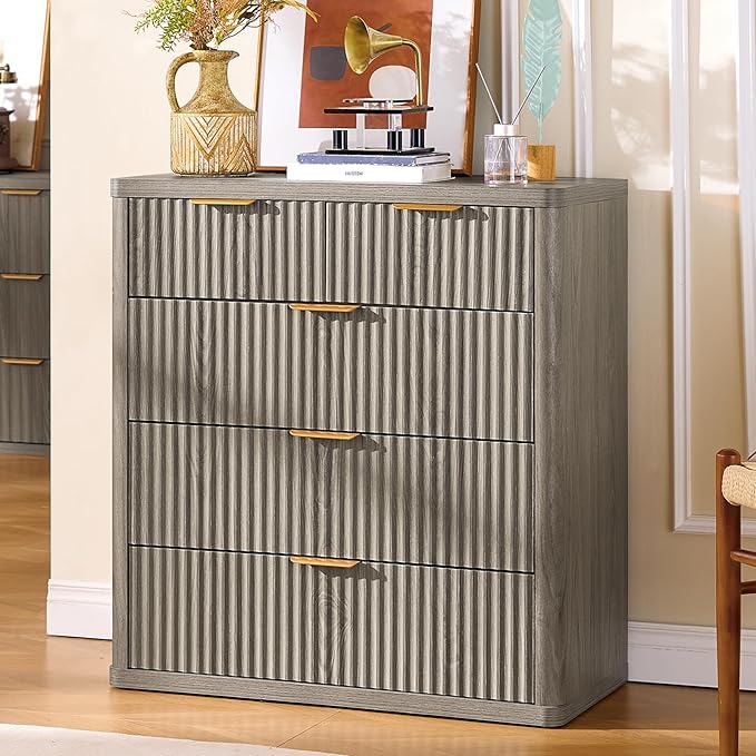 LEYAOYAO Fluted 5 Drawers Dresser for Bedroom, 34" Tall Modern Chest of Drawers with Metal Handle, Curved Profile Design,Grey Wood Drawer Organizer for Bedroom, Living Room, Hallway, Entryway