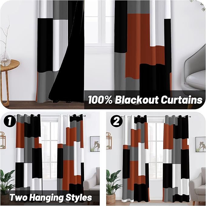 Burnt Orange 100% Blackout Curtains for Bedroom 84 inch Length 2 Panels Set Rust Modern Abstract Geometric Black Out Curtains Insulated Room Darkening Window Drapes for Living Room, 52Wx84L