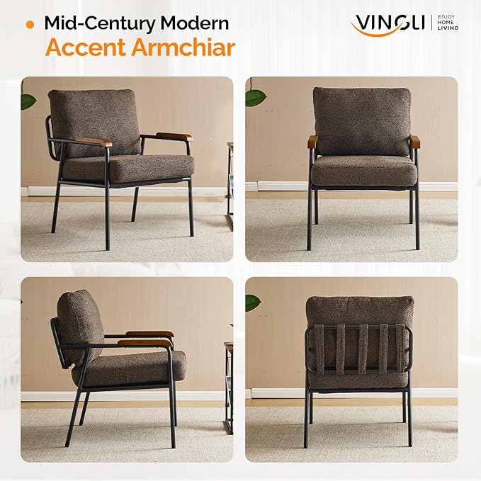 VINGLI Mid-Century Modern Accent Armchiar for Small Space, Small Comfy Upholstered Leisure Reading Chair with Wood Armrest for Bedroom, Living Room, Waiting Room, Linen Expresso