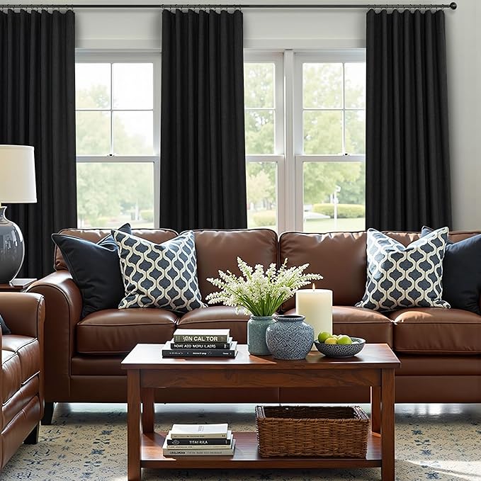 Pitalk Black Out Curtains 108 Inch Long 2 Panels Gothic Elegant Modern Linen Textured Drapes for Living Room Darkening Summer Heat Winter Cold Blocking 100% Blackout Curtain Window 108 Length Back Tab