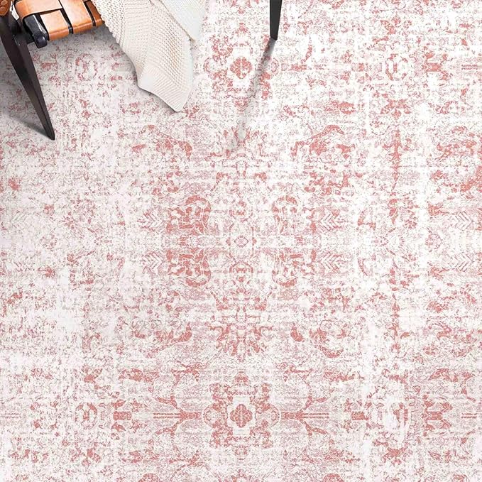 vivorug 5x7 Area Rugs - Ultra-Thin Washable Rug with Non-Slip Backing, Ideal for Living Room, Bedroom, Dining Room Indoor - Vintage, Easy Clean, Durable, Low Pile Rug Pink