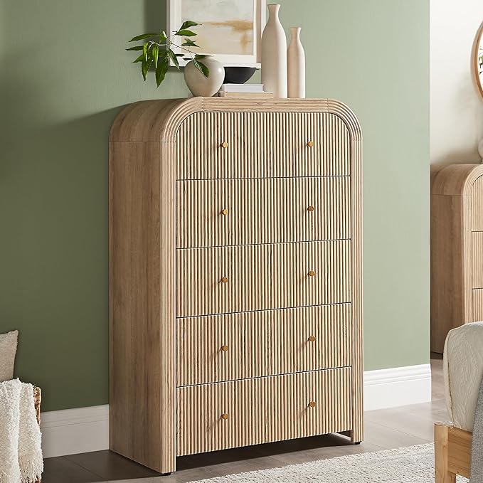T4TREAM Fluted 5 Drawers Dresser, 48" Tall Modern Chest of Drawers with Thickened Curved Profile Design, Wood Closet Clothes Storage Organizer for Bedroom, Living Room, Hallway, Natural Oak