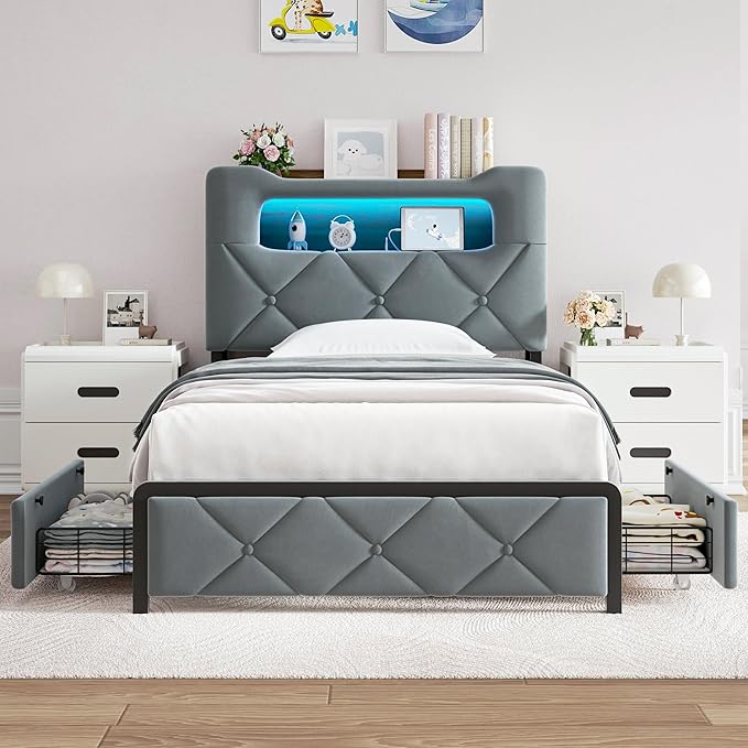 Twin Upholstered LED Bed Frame with 2 Storage Drawers and 2-Tier Storage Bookcase Headboard, Velvet Platform Bed for Kids/Girls/Boys, Heavy Duty Metal Support, No Box Spring Needed, Grey