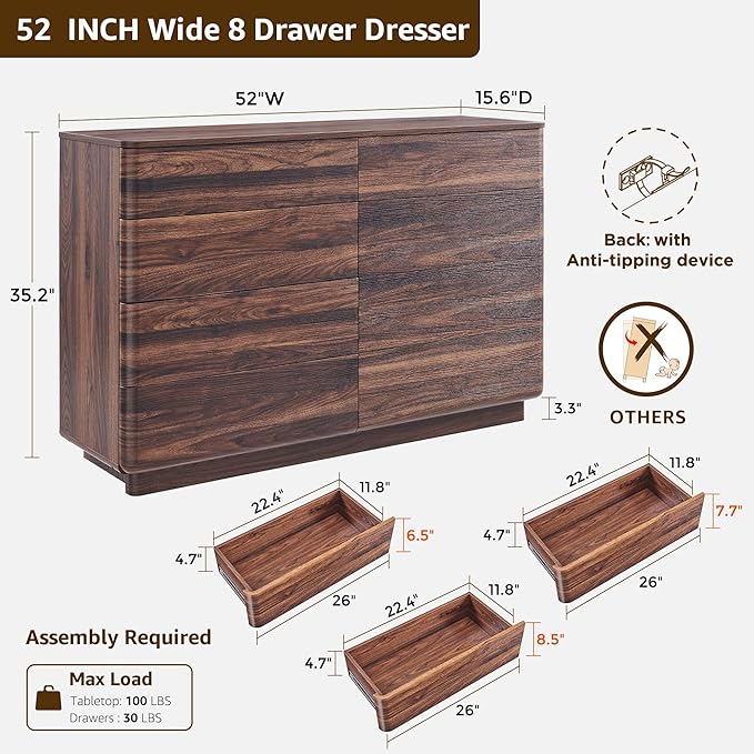 ACCOHOHO 8 Drawer Dresser for Bedroom, 52 Inch Wide Modern Chest of Drawers, Push-to-Open Wood Storgae Organizer with Large Drawers for Bedroom, Living Room, Hallway,Brown