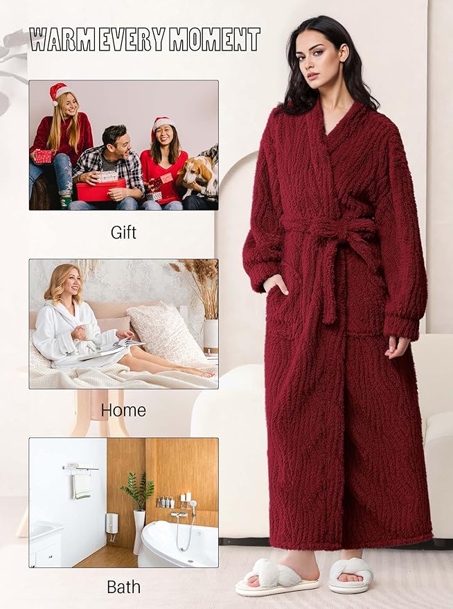 Artfasion Womens Long Fleece Robe - Warm Soft Floor Length Flannel Bathrobes for Winter Thicker Long House Coat with Pockets