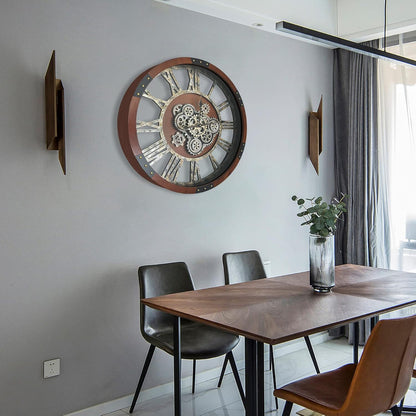 DORBOKER 30" Original Moving Gears Wall Clock, Large Industrial Wall Clock for Living Room Decor, Retro Wood Vintage Farmhouse Steampunk Rustic Clocks for Wall Decor,Black Walnut