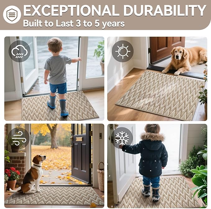 Indoor Door Mat 24x35, Dirt Resistant & Absorbent Doormat for Entryway Inside, Non-Slip Rubber Backing Front Door Mat Indoor Entrance, Low-Profile, Washable, Brown