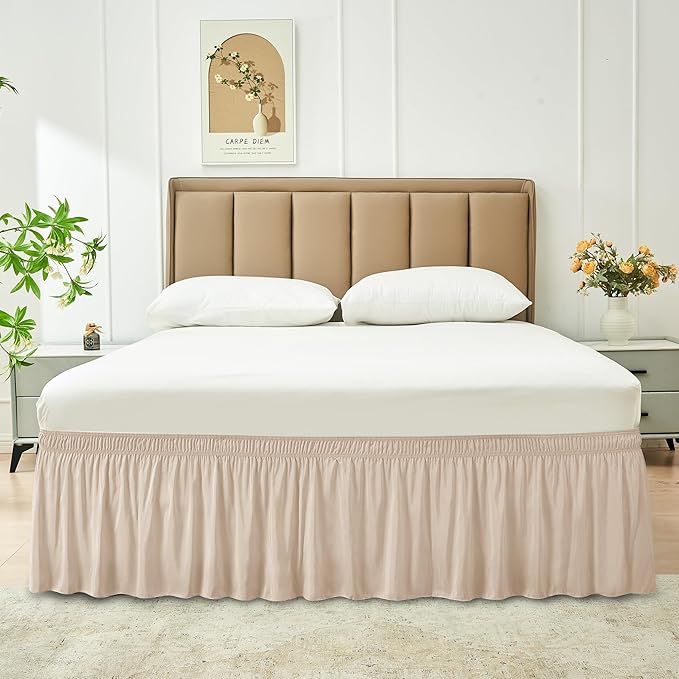 Biscaynebay Wrap Around Bed Skirts for Queen Beds 16" Drop, Sand Adjustable Elastic Dust Ruffles Easy Fit Wrinkle Resistant Silky Luxurious Fabric Machine Washable