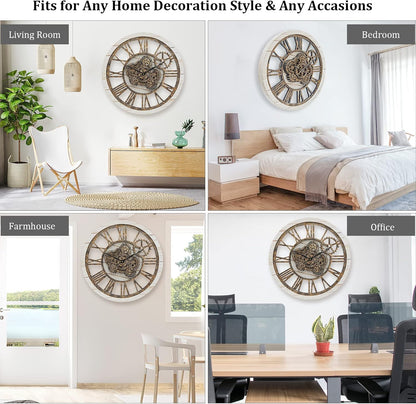 HOIBAI Wall Clock, 24 Inch Moving Gears Clock Large Wall Clock for Living Room Decor Rustic Vintage Industrial Steampunk Farmhouse Big Clock for Home Kitchen Bedroom Office