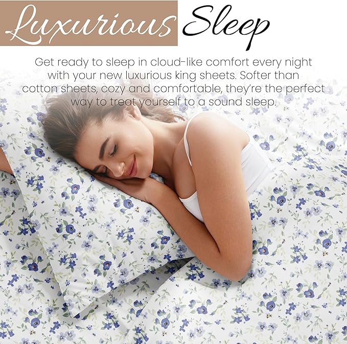 Linen Market 4 Piece King Sheet Set - Breathable, Double-Brushed Patterned Cooling Sheets – Oeko-TEX Certified Ultra Soft & Wrinkle-Free 16" Deep-Pocket King Sheets - Easy Care Blossoms Light Blue