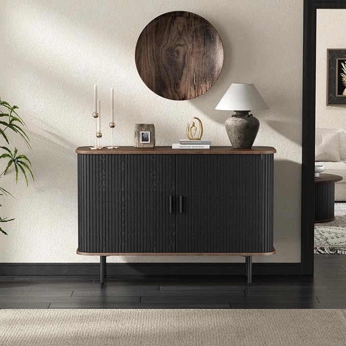 47''W x 32''H Black Buffet Sideboard Cabinet with Storage, Fluted Accent Storage Cabinet with Curvy Edge; Sliding Door, Freestanding Credenza, Console Table for Living Room, Kitchen, Hallway