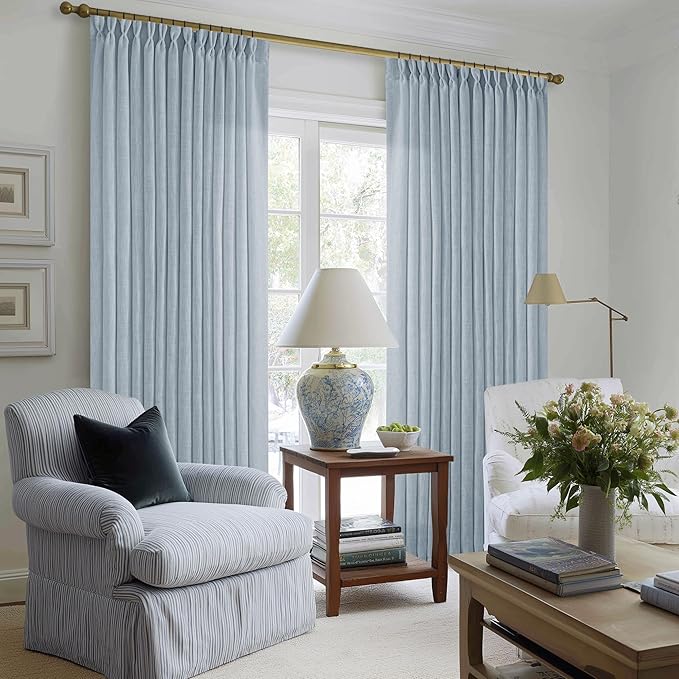 Dusty Blue Pinch Pleated Linen Curtains 84 Inches Long 2 Panels Set for Living Room Dining Pinch Pleat Back Tab Light Filtering Boho Coastal Window Curtain Drapes 84 Inch Length Light Sky Blue