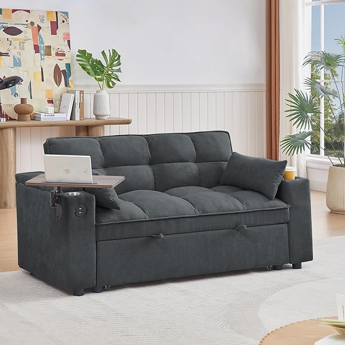 65'' Convertible Sleeper Sofa Bed with Adjustable Backrest, Chaise Lounge, Side Table & USB/Type-C Ports – Stylish & Functional Addition to Any Living Room (Drak Grey)