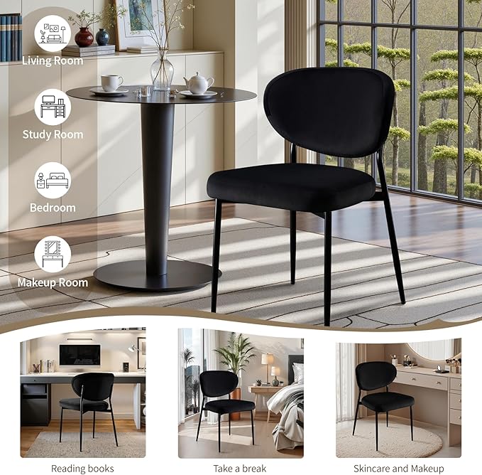 Black Dining Chairs Set of 4 Velvet Upholstered Kitchen & Dining Room Chairs Modern Crescent-Shaped Backrest Accent Side Chairs with Swivel Leveling Feet for Restaurant/Dining Table/Home