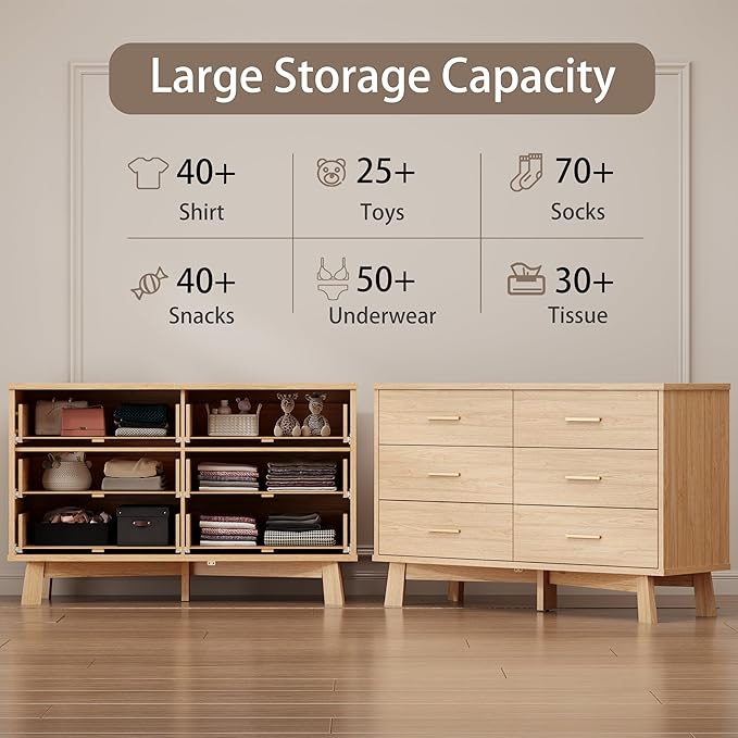 Dresser for Bedroom, 6 Drawer Wide Modern Chest of Drawers with X-Shaped Sturdy Base, Wood Double Dresser Closet Clothes Storage Organizer, Wooden TV Stand for Living Room, Hallway, Oak