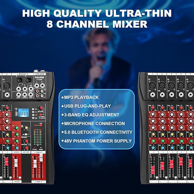 8 Channel Audio Mixer, Professional Music Mixer Board DJ Mixing Console with Bluetooth, USB/MP3 Player, Reverb, and 48V Phantom Power for Studio Recording, Karaoke, and Live Performances