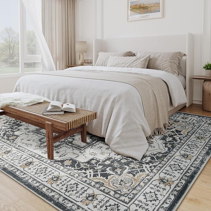 zesthome 5x7 Area Rugs, Machine Washable Rugs for Living Room, Bedroom,Stain Resistant Vintage Large Area Rug,Non-Slip Medallion Pattern Home Decor Rugs (Black,5'x7')