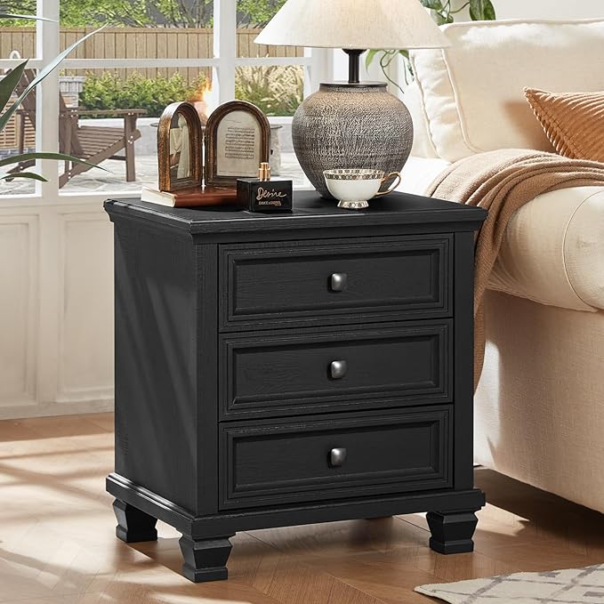 Farmhouse Nightstand with 3 Drawers, Rustic Couch End Table with 4 Square Solid Wood Legs, Mid-Century Modern Bed Side Table with Storage, Small Dresser for Bedroom, Living Room, Black