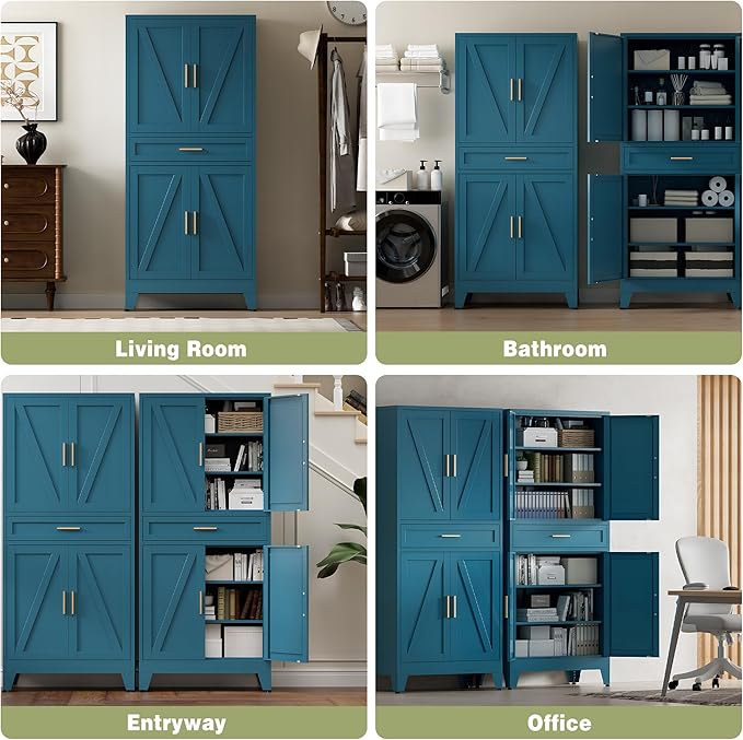 COFaR Farmhouse Storage Kitchen Pantry Cabinet with 4 Barn Door, 4 Adjustable Shelves, Drawer and Legs, for Cupboard/Dining Room/Bathroom/Living Room/Office/Laundry Room(Blue Green, 71" Metal Cabinet)