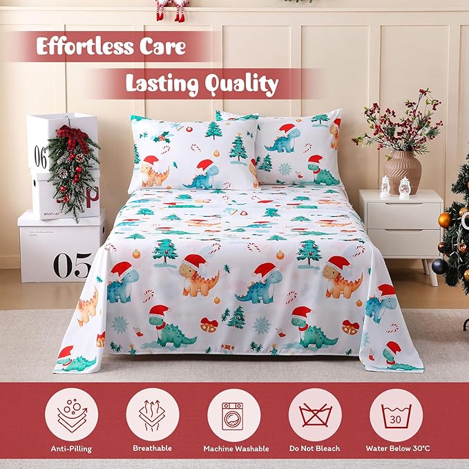 JSD Dinosaur Kids Christmas Sheet Set Twin Size, 3 Piece Soft Printed Microfiber Bed Sheets Deep Pocket