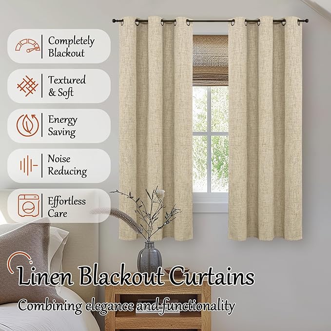 Linen Blackout Curtains for Bedroom Narrow Window, Thermal Insulated Complete Light Blocking Privacy Soundproof Small Curtains for Basement, Each 38 Inch Wide 63 Inch Length 2 Panels, Burlap