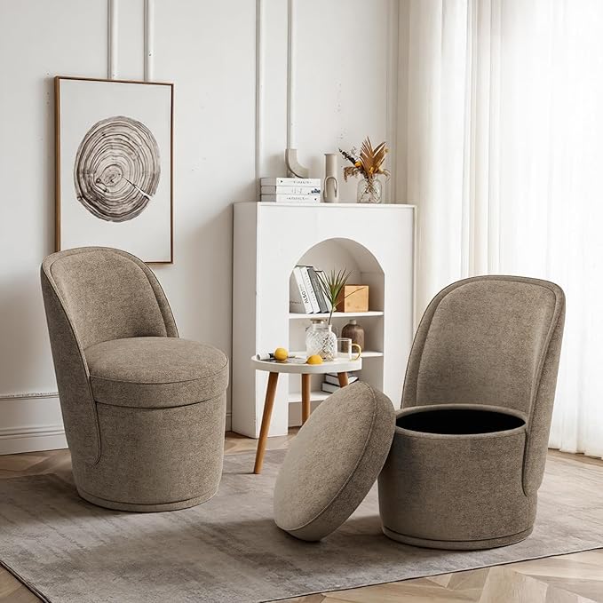 Swivel Accent Chair Set of 2, 360° Swivel Round Chair with Hidden Storage, Vanity Chairs, Modern Small Barrel Armchair for Living Room/Bedroom, Brown