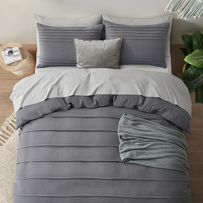 Oli Anderson Grey Duvet Cover King Size - Pleated King Duvet Cover, 3PCS Soft and Breathable Textured Bedding Set with Zipper Closure(Grey,104"x90")
